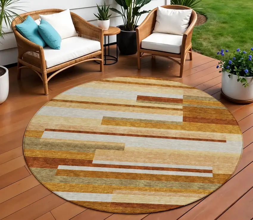 8' Orange Copper And Taupe Round Striped Washable Indoor Outdoor Area Rug Photo 1
