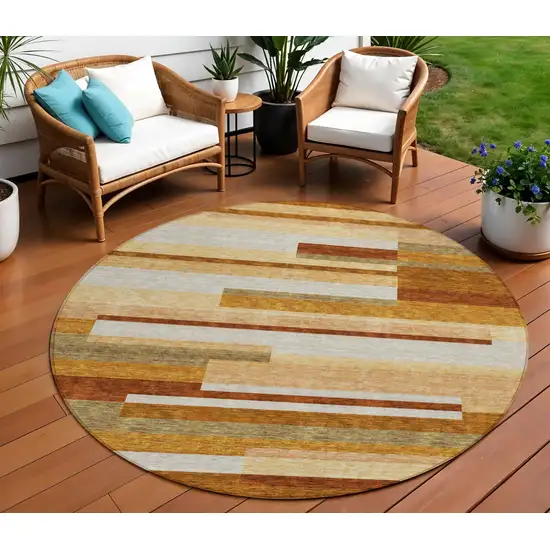 8' Orange Copper And Taupe Round Striped Washable Indoor Outdoor Area Rug Photo 1