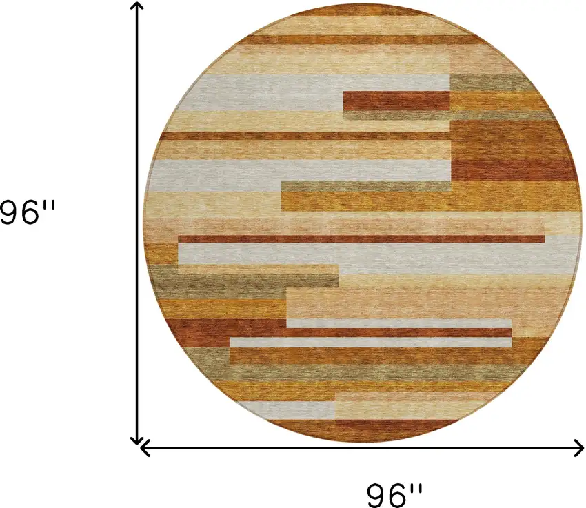 8' Orange Copper And Taupe Round Striped Washable Indoor Outdoor Area Rug Photo 8