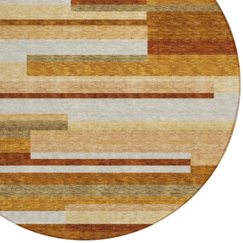8' Orange Copper And Taupe Round Striped Washable Indoor Outdoor Area Rug Photo 4