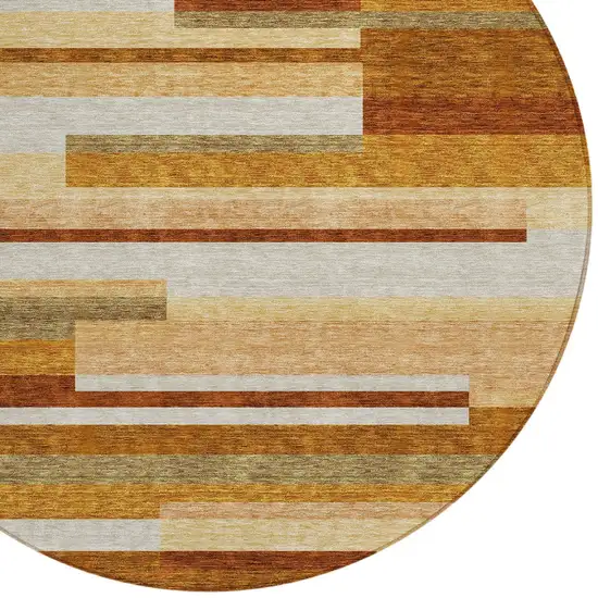 8' Orange Copper And Taupe Round Striped Washable Indoor Outdoor Area Rug Photo 4