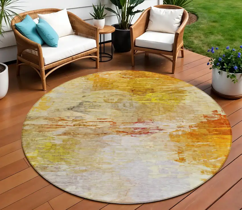 8' Orange Copper And Terra Cotta Round Abstract Washable Indoor Outdoor Area Rug Photo 1
