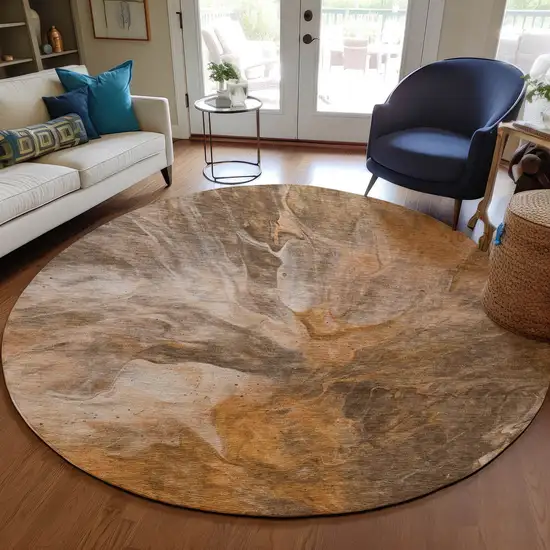 8' Orange Copper And Terra Cotta Round Abstract Washable Indoor Outdoor Area Rug Photo 7