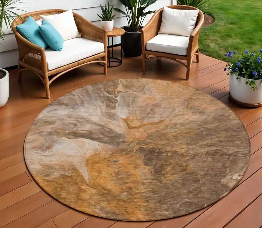 8' Orange Copper And Terra Cotta Round Abstract Washable Indoor Outdoor Area Rug Photo 1