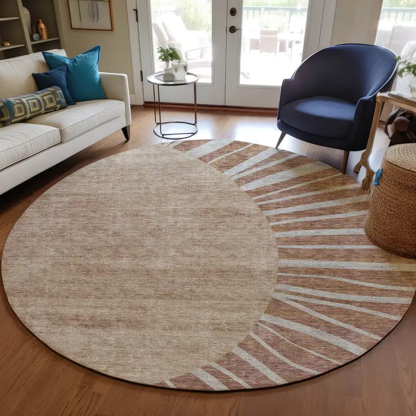 8' Orange Copper And Terra Cotta Round Abstract Washable Indoor Outdoor Area Rug Photo 7