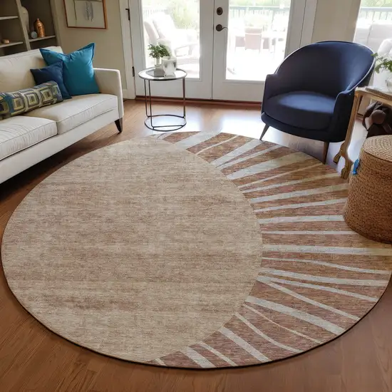8' Orange Copper And Terra Cotta Round Abstract Washable Indoor Outdoor Area Rug Photo 7
