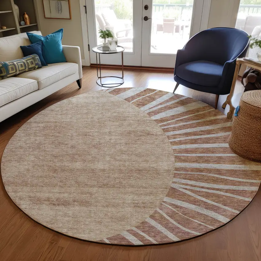 8' Orange Copper And Terra Cotta Round Abstract Washable Indoor Outdoor Area Rug Photo 7