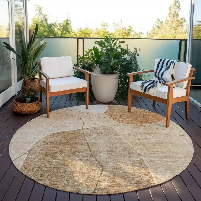 8' Orange Copper And Terra Cotta Round Abstract Washable Indoor Outdoor Area Rug Photo 7
