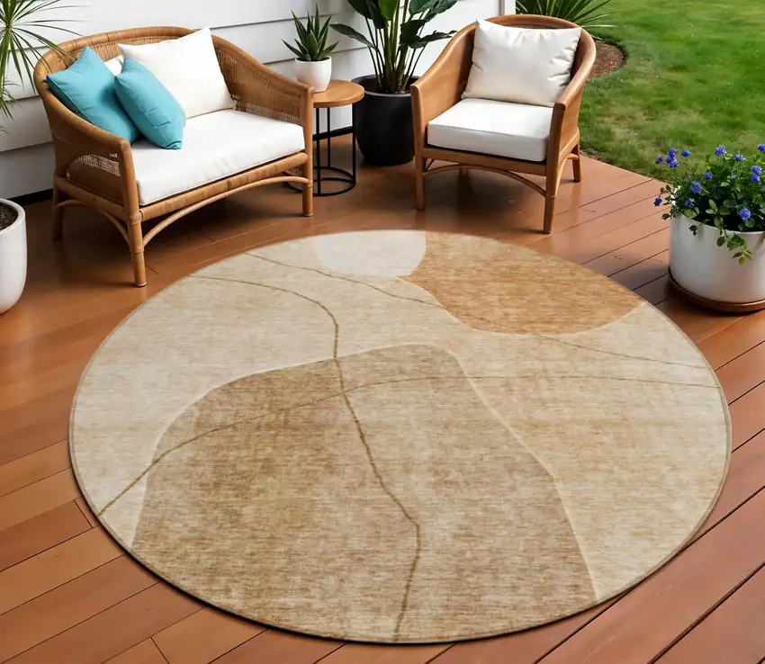 8' Orange Copper And Terra Cotta Round Abstract Washable Indoor Outdoor Area Rug Photo 1