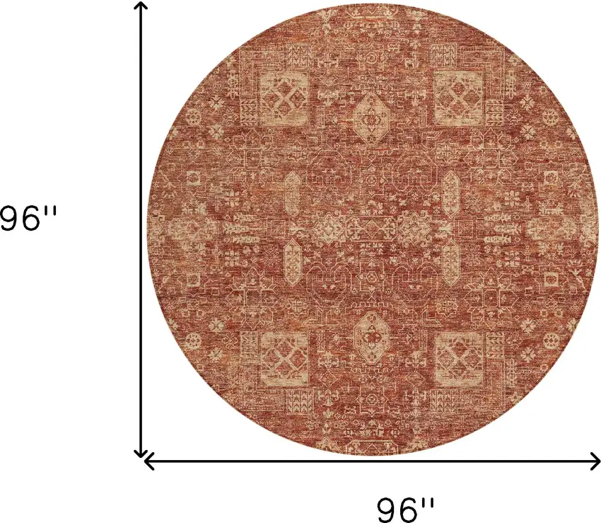 8' Orange Copper And Terra Cotta Round Oriental Washable Indoor Outdoor Area Rug Photo 9