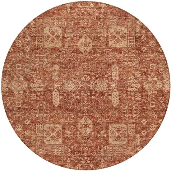 8' Orange Copper And Terra Cotta Round Oriental Washable Indoor Outdoor Area Rug Photo 1