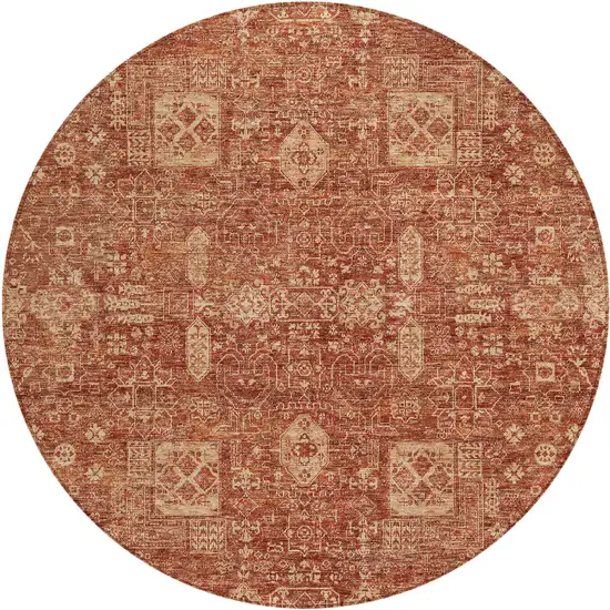 8' Orange Copper And Terra Cotta Round Oriental Washable Indoor Outdoor Area Rug Photo 1