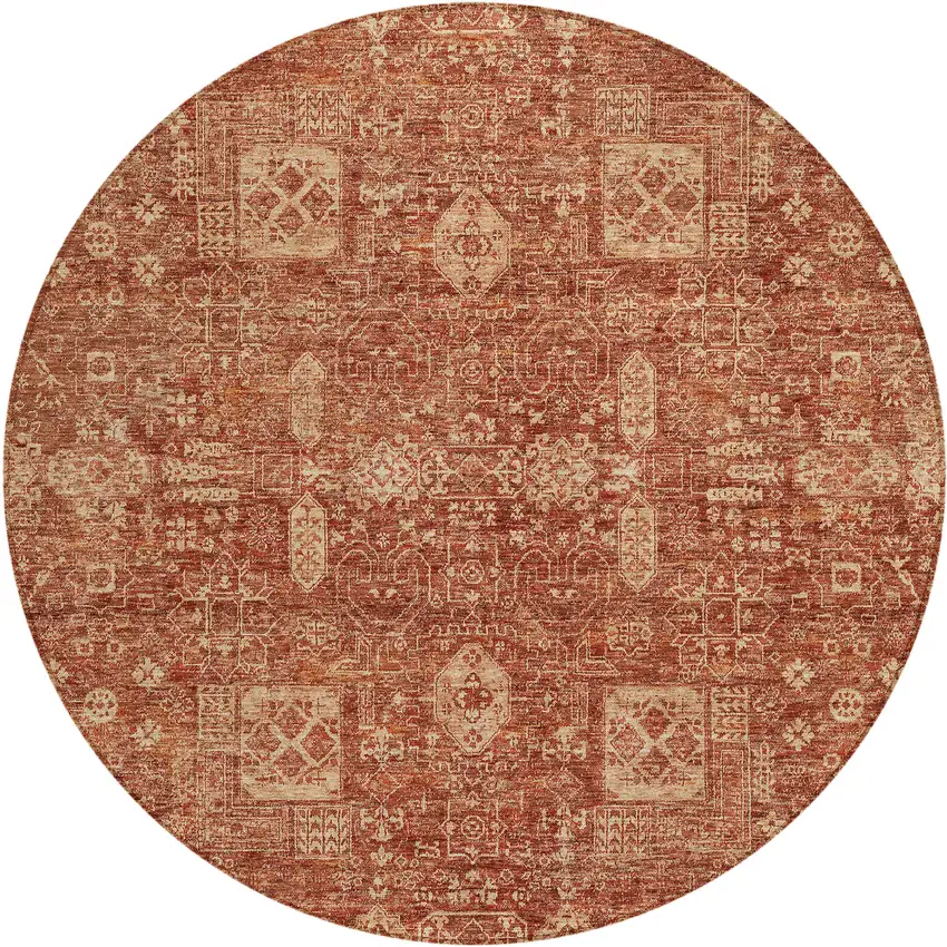 8' Orange Copper And Terra Cotta Round Oriental Washable Indoor Outdoor Area Rug Photo 1