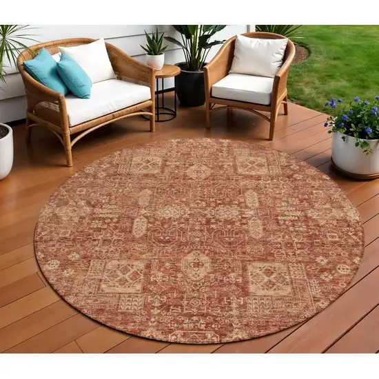 8' Orange Copper And Terra Cotta Round Oriental Washable Indoor Outdoor Area Rug Photo 1