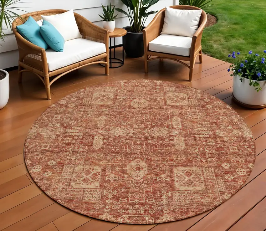 8' Orange Copper And Terra Cotta Round Oriental Washable Indoor Outdoor Area Rug Photo 1