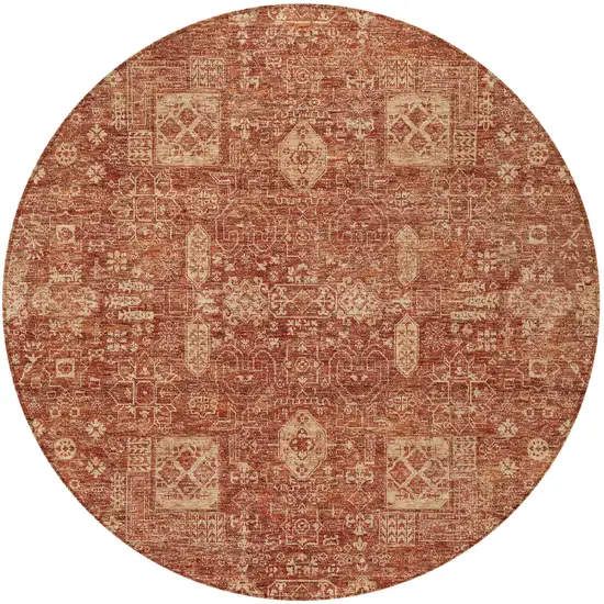 8' Orange Copper And Terra Cotta Round Oriental Washable Indoor Outdoor Area Rug Photo 2