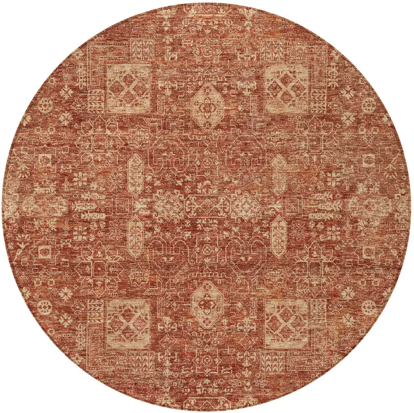 8' Orange Copper And Terra Cotta Round Oriental Washable Indoor Outdoor Area Rug Photo 2
