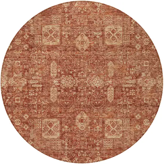 8' Orange Copper And Terra Cotta Round Oriental Washable Indoor Outdoor Area Rug Photo 2