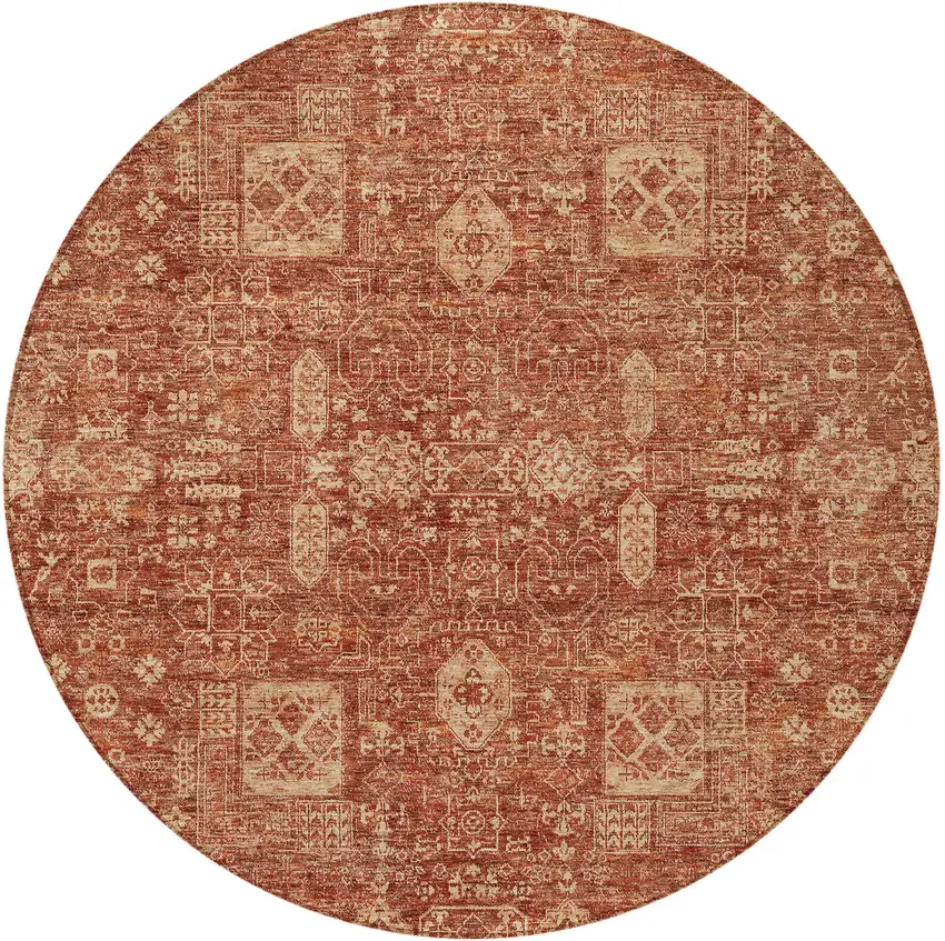 8' Orange Copper And Terra Cotta Round Oriental Washable Indoor Outdoor Area Rug Photo 2