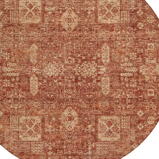 8' Orange Copper And Terra Cotta Round Oriental Washable Indoor Outdoor Area Rug Photo 6
