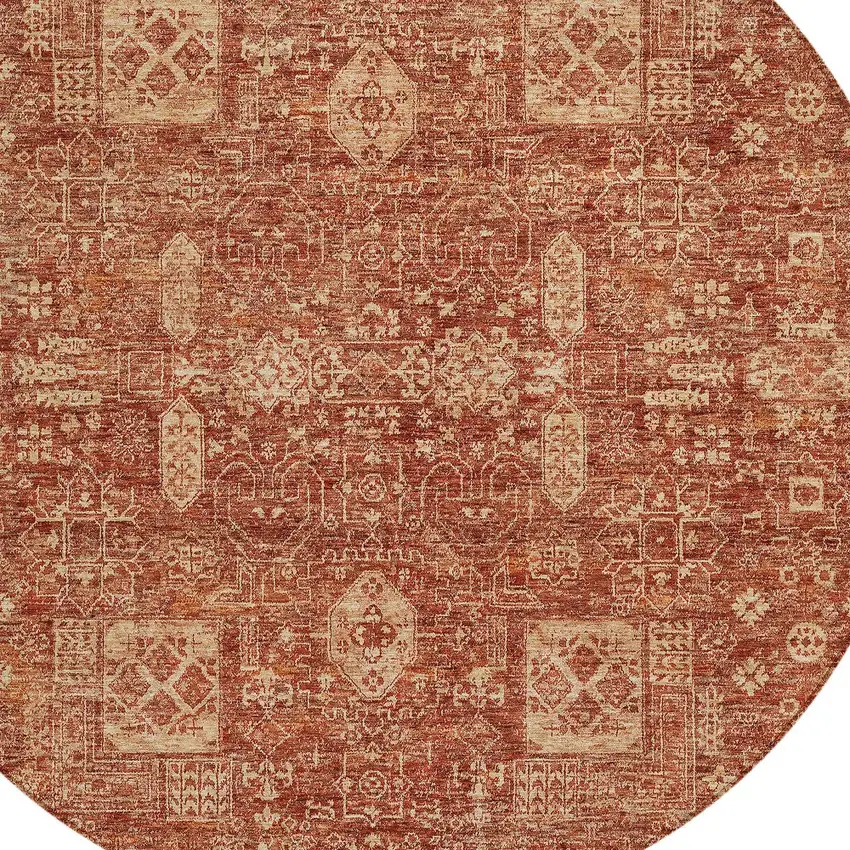 8' Orange Copper And Terra Cotta Round Oriental Washable Indoor Outdoor Area Rug Photo 6