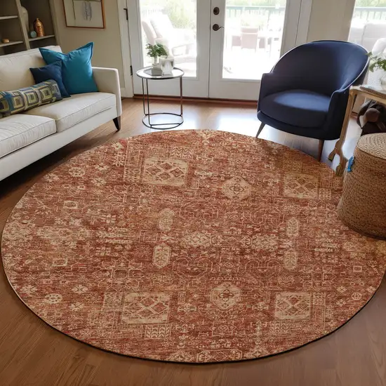 8' Orange Copper And Terra Cotta Round Oriental Washable Indoor Outdoor Area Rug Photo 8