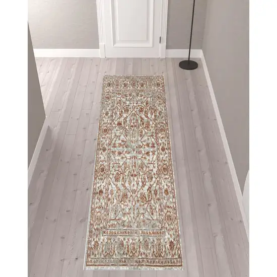 10' Orange Floral Power Loom Runner Rug With Fringe Photo 2