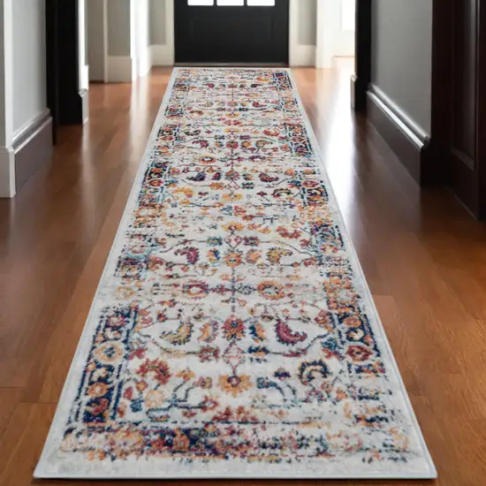 10' Ivory Navy and Orange Floral Power Loom Runner Rug Photo 1