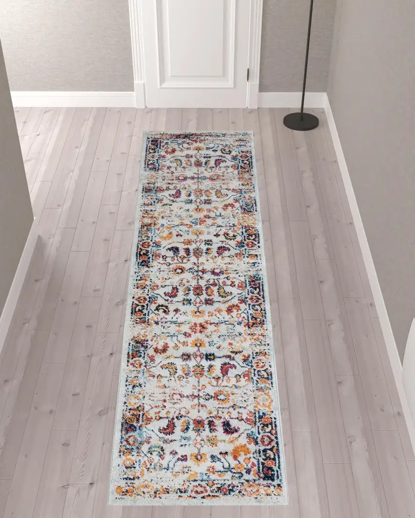 10' Orange Floral Power Loom Runner Rug Photo 3
