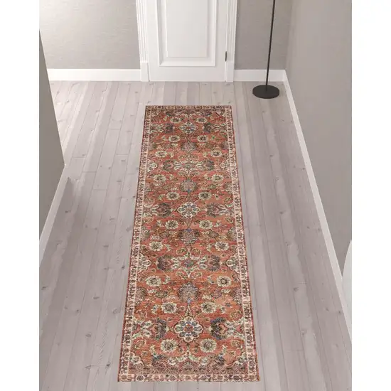 10' Orange Floral Power Loom Runner Rug Photo 2