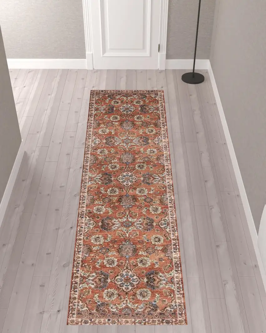 10' Orange Floral Power Loom Runner Rug Photo 2
