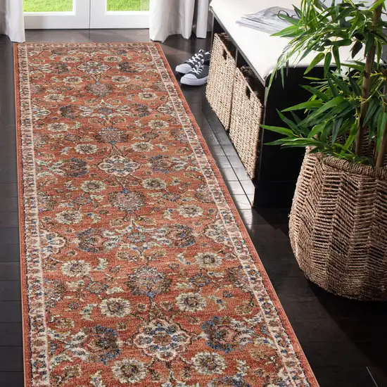 10' Orange Floral Power Loom Runner Rug Photo 7