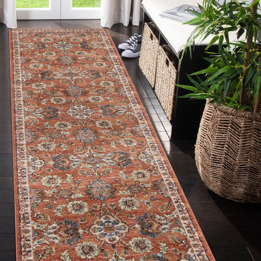10' Orange Floral Power Loom Runner Rug Photo 7