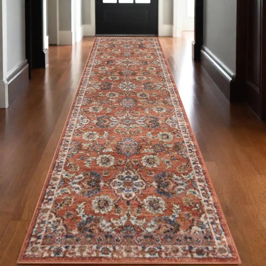 10' Ivory Blue and Orange Floral Power Loom Runner Rug Photo 1