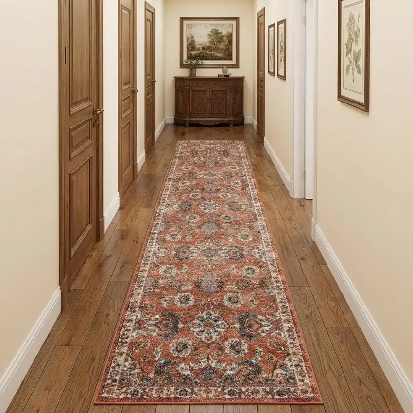 10' Ivory Blue and Orange Floral Power Loom Runner Rug Photo 1