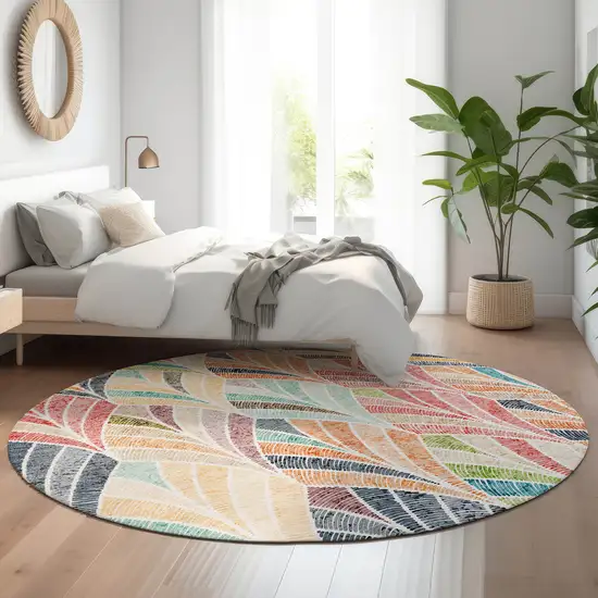 8' Orange Gold And Blue Geometric Washable Round Rug With UV Protection Photo 5