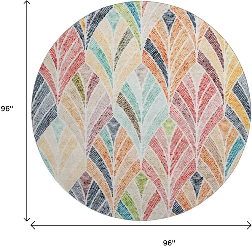 8' Orange Gold And Blue Geometric Washable Round Rug With UV Protection Photo 3