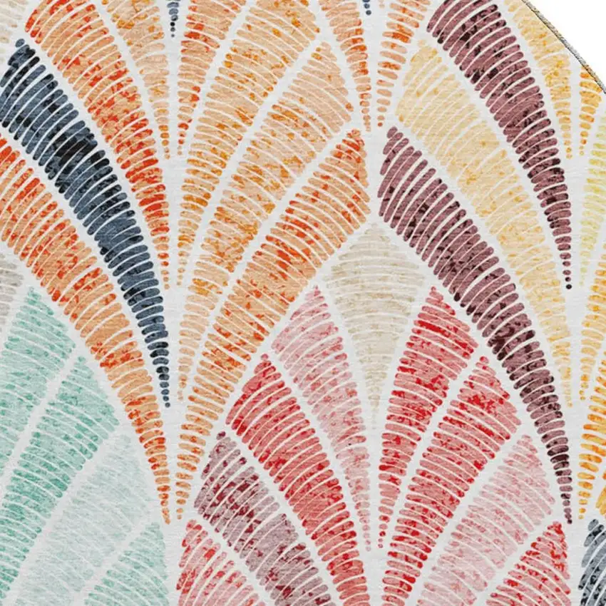 8' Orange Gold And Blue Geometric Washable Round Rug With UV Protection Photo 3