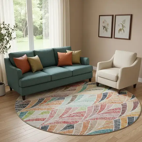 8' Orange Gold And Blue Geometric Washable Round Rug With UV Protection Photo 1