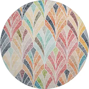 Photo of 8' Orange Gold And Blue Geometric Washable Round Rug With UV Protection