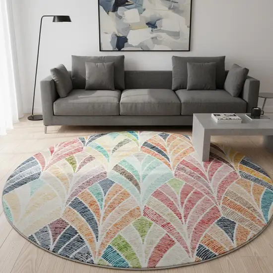 8' Orange Gold And Blue Geometric Washable Round Rug With UV Protection Photo 2