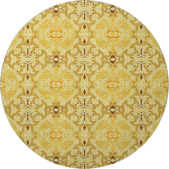 8' Orange Gold And Ivory Medallion Washable Round Rug With UV Protection Photo 4