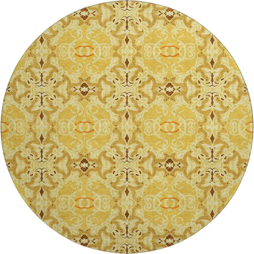 8' Orange Gold And Ivory Medallion Washable Round Rug With UV Protection Photo 1