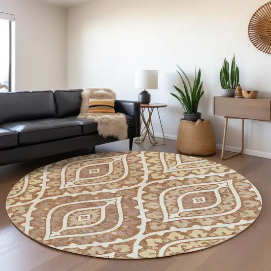 8' Orange Gold And Ivory Round Floral Washable Indoor Outdoor Area Rug Photo 8
