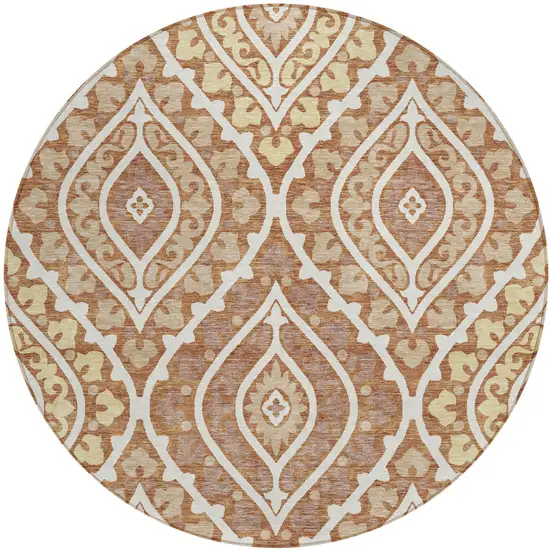 8' Orange Gold And Ivory Round Floral Washable Indoor Outdoor Area Rug Photo 2