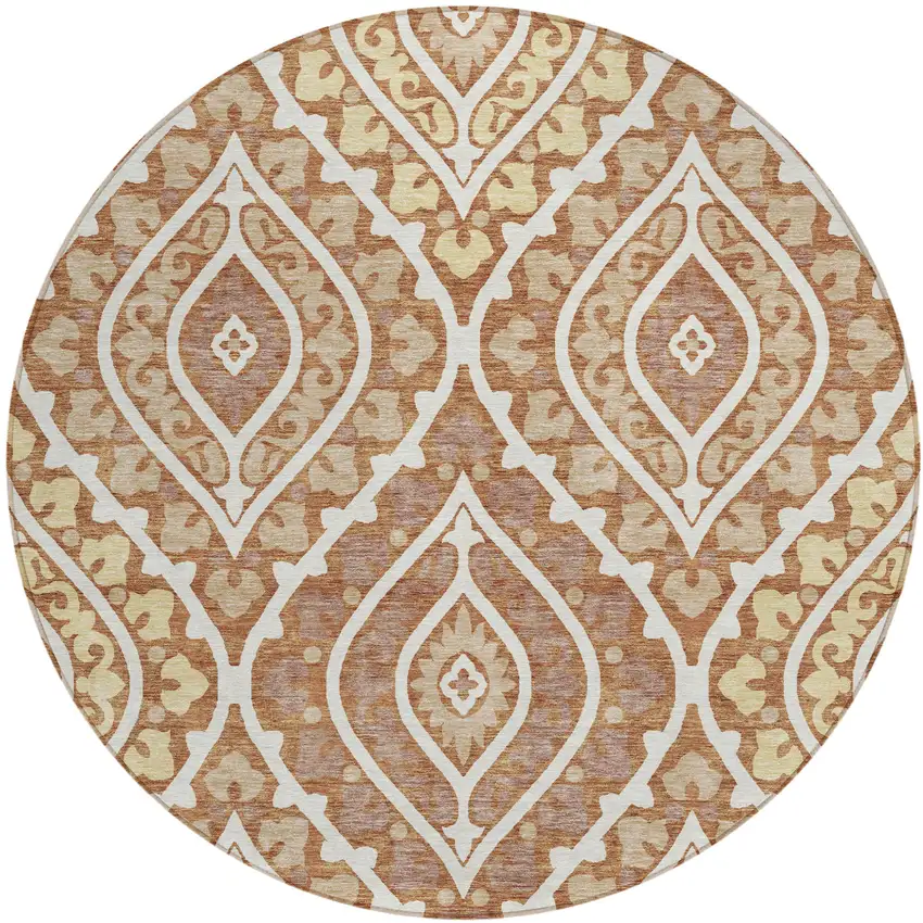 8' Orange Gold And Ivory Round Floral Washable Indoor Outdoor Area Rug Photo 2