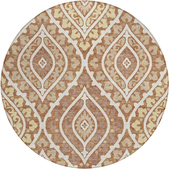 8' Orange Gold And Ivory Round Floral Washable Indoor Outdoor Area Rug Photo 2