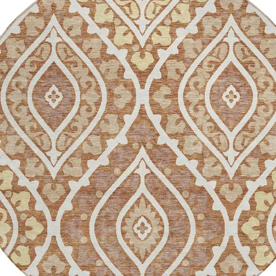 8' Orange Gold And Ivory Round Floral Washable Indoor Outdoor Area Rug Photo 5