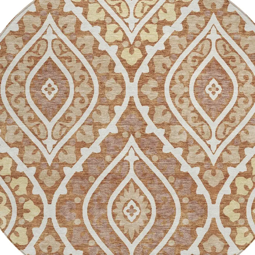 8' Orange Gold And Ivory Round Floral Washable Indoor Outdoor Area Rug Photo 5