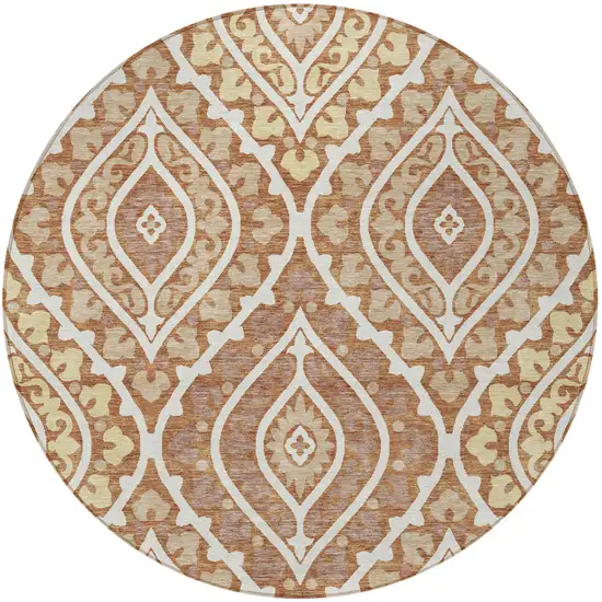 8' Orange Gold And Ivory Round Floral Washable Indoor Outdoor Area Rug Photo 6